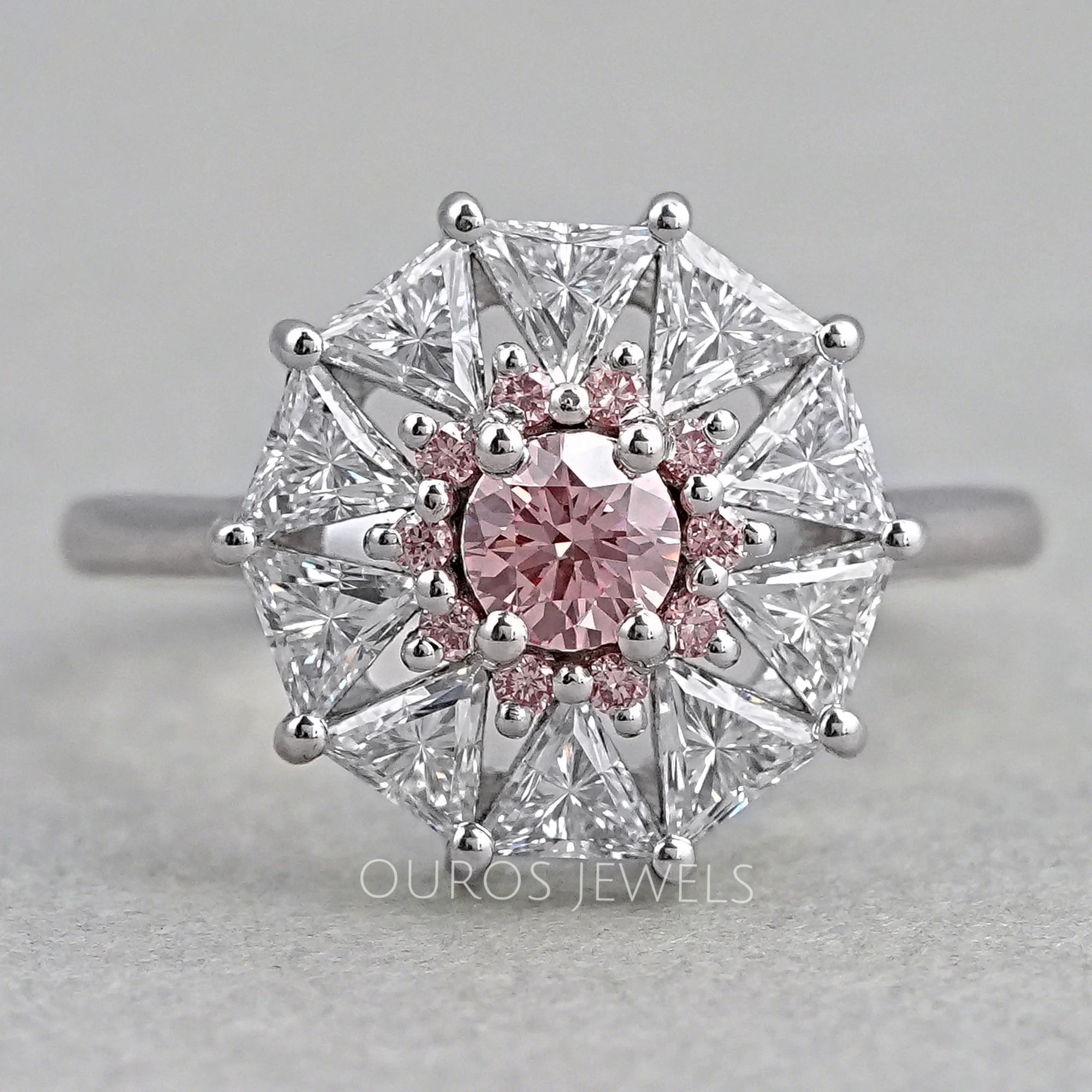 Pink Round Cut Halo Triangle Engagement Ring Rings