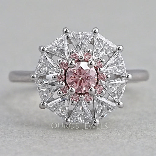 Pink Round Cut Halo Triangle Engagement Ring Rings