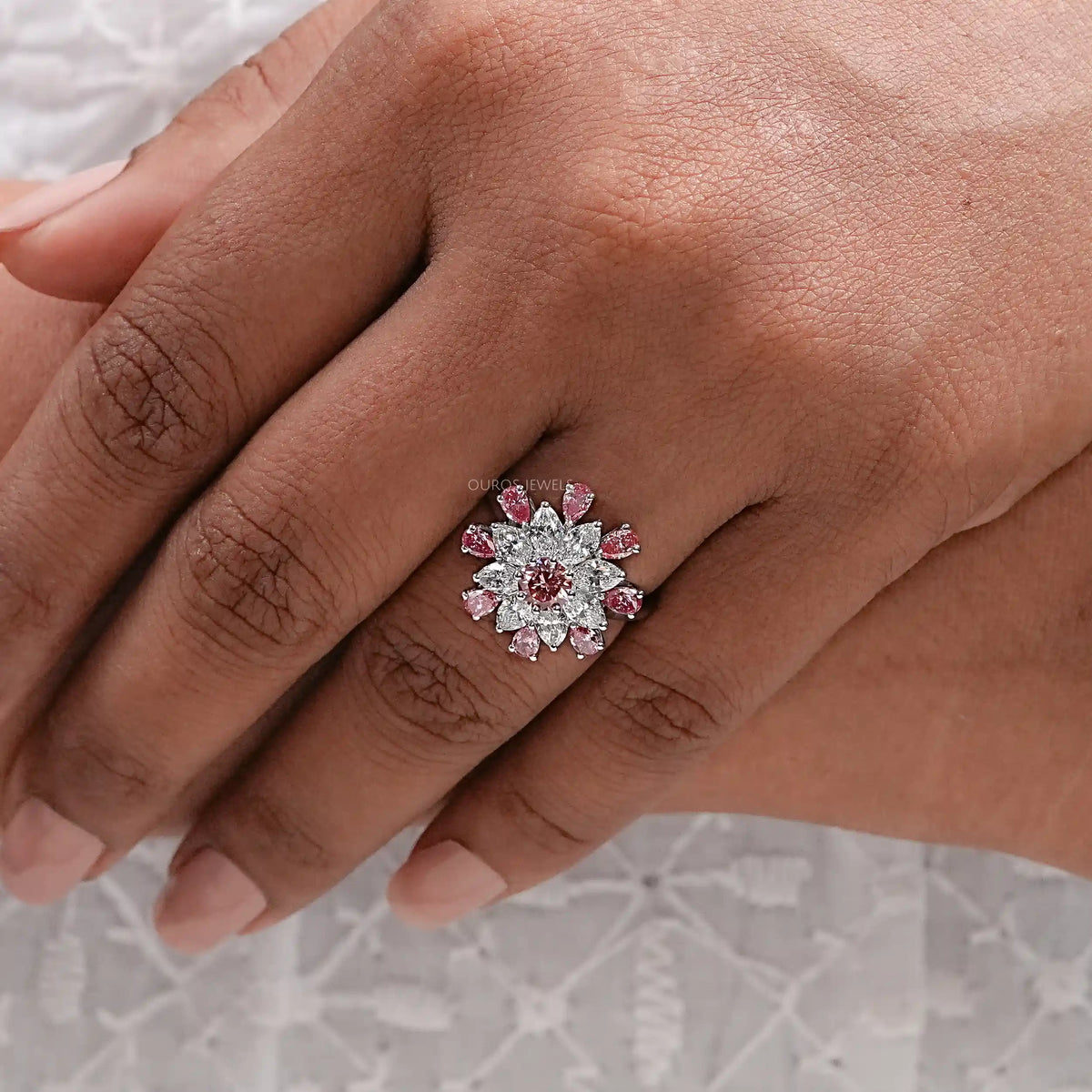 Pink Round Diamond Floral Style Cluster Ring Ring