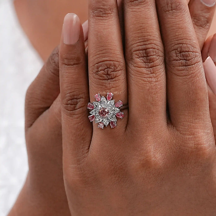 Pink Round Diamond Floral Style Cluster Ring Ring
