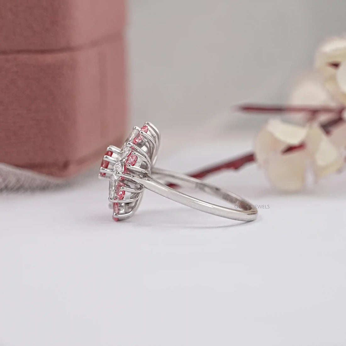 Pink Round Diamond Floral Style Cluster Ring Ring