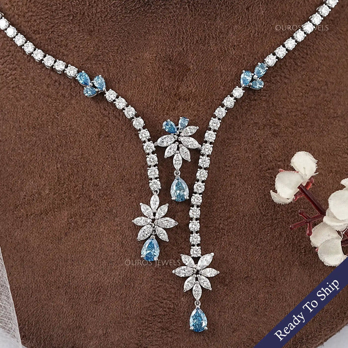 Lab Diamond And Blue Pear Diamond Cluster Necklace Necklaces