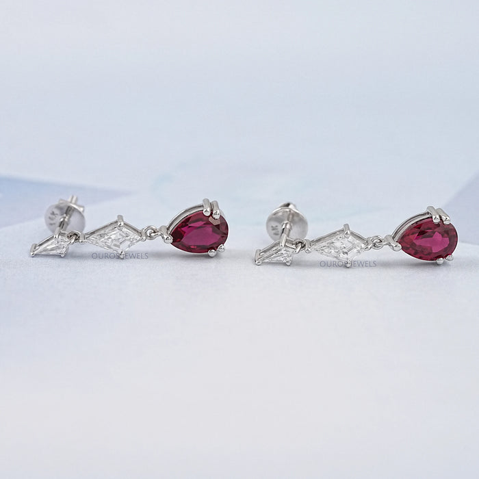 Dangling Kite Cut And Pear Shape Ruby Drop Earrings