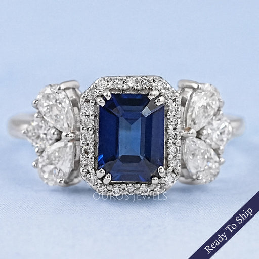 Sapphire Emerald Gemstone Halo Engagement Ring