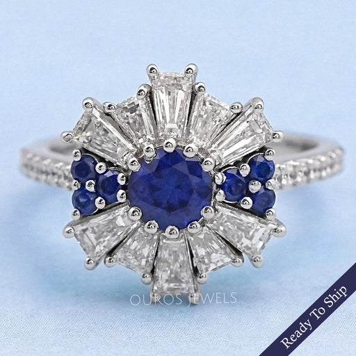 Sapphire Round And Tapered Baguette Diamond Cluster Ring