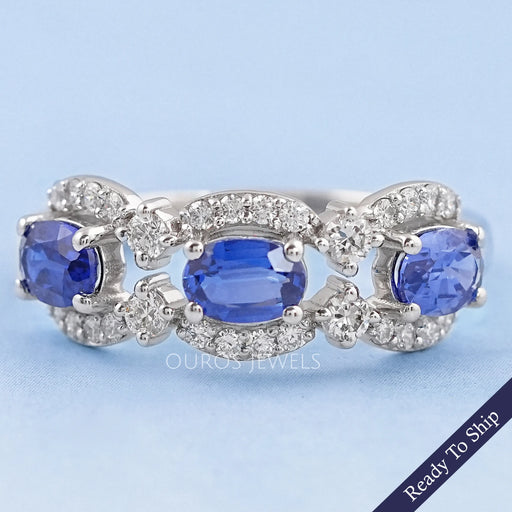 Three Stone Sapphire Oval Gemstone Halo Ring