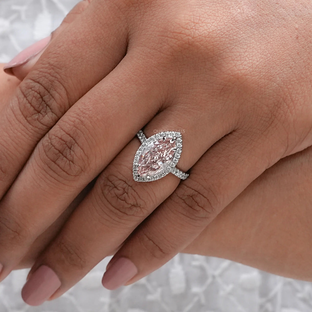 Pink Marquise Cut Lab Diamond Halo Accent Ring Ring
