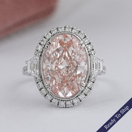 Pink Oval Cut With Trapezoid Accent Halo Engagement Ring Rings