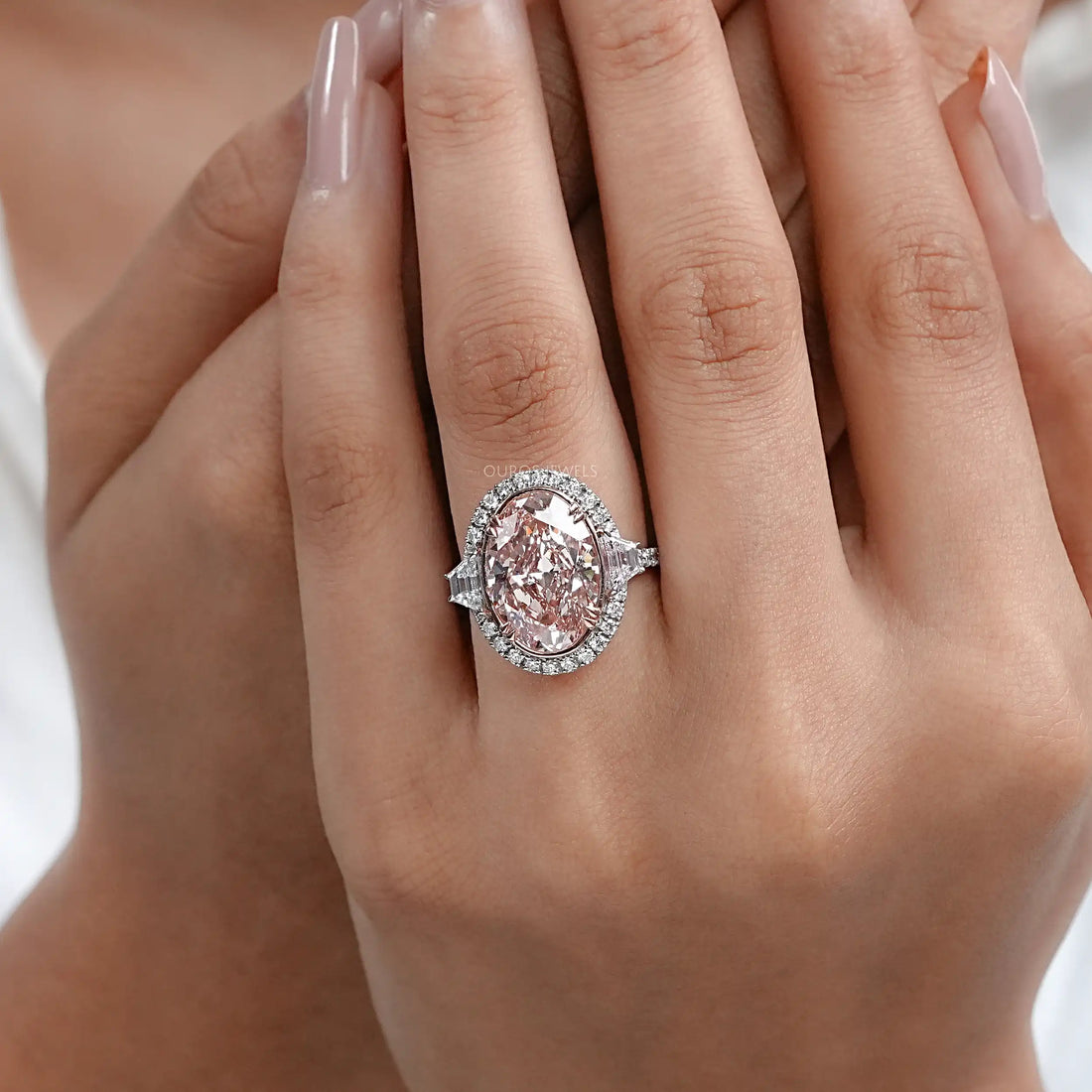Pink Oval Cut With Trapezoid Accent Halo Engagement Ring Rings