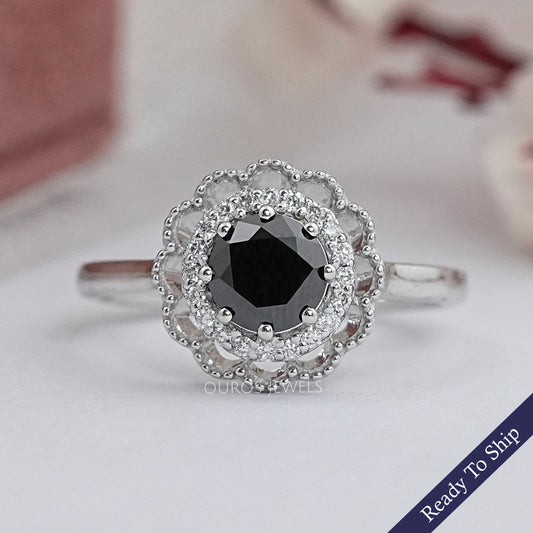Black Round Diamond Double Halo Engagement Ring Rings