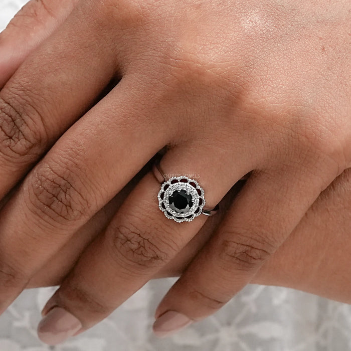 Black Round Diamond Double Halo Engagement Ring Rings