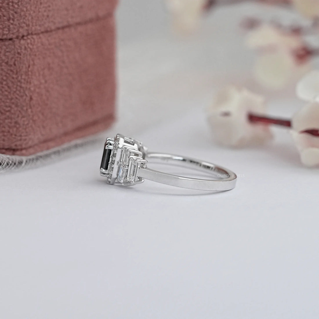 Black Emerald Diamond Accent Halo Engagement Ring Rings