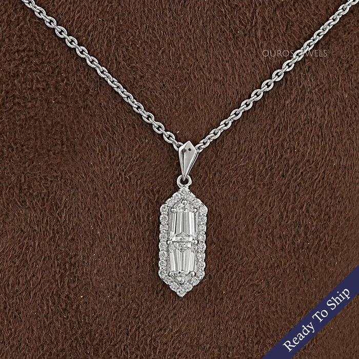 Step Cut Arrow Lab Diamond Halo Pendant Necklaces