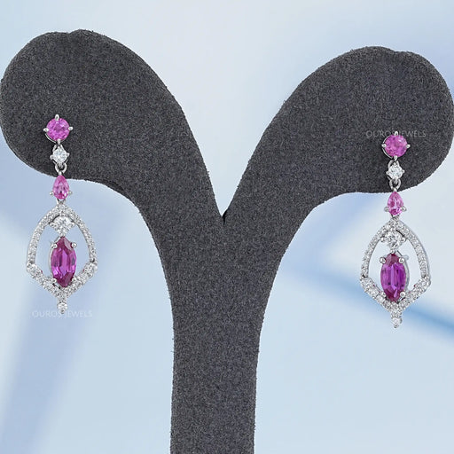 Pink Sapphire Marquise Cut Cluster Diamond Dangle Earrings Earrings