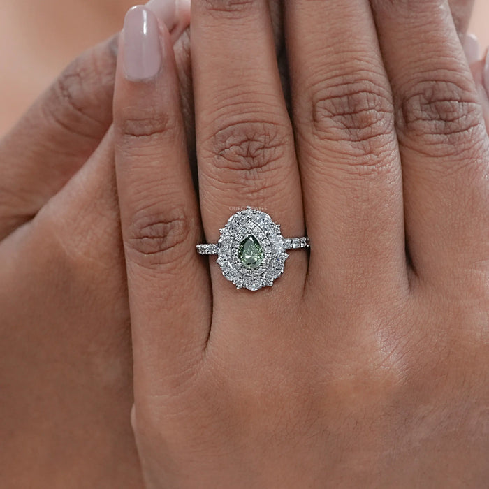 Green Pear Diamond Double Halo Engagement Ring Rings