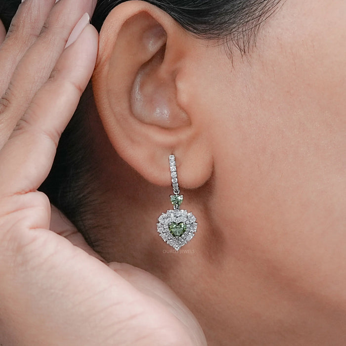 Green Heart Lab Diamond Halo Dangle Earrings Earrings