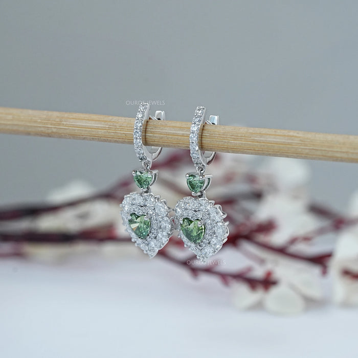 Green Heart Lab Diamond Halo Dangle Earrings Earrings