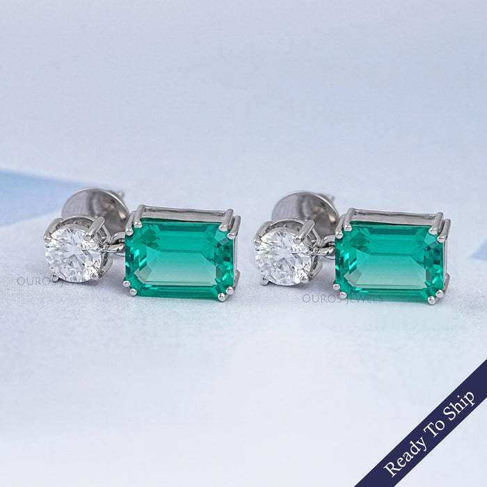 Two Stone Green Emerald And Round Diamond Drop Earrings