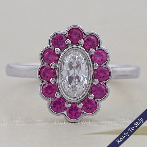 Old Mine Oval Cut Pink Halo Floral Engagement Ring Ring