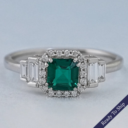 Green Asscher Gemstone Halo Diamond Engagement Ring