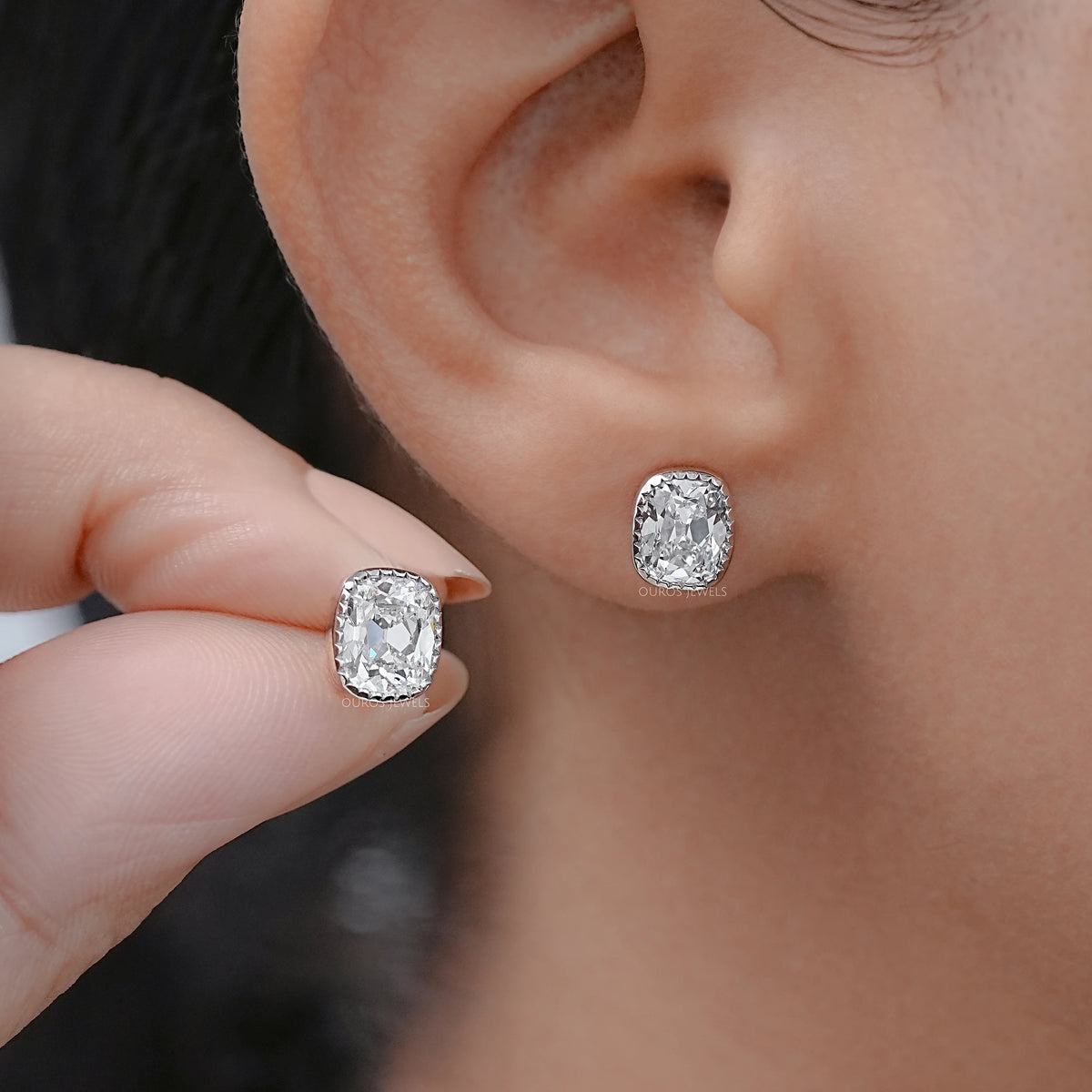 Old Mine Cushion Cut Lab Diamond Milgrain Earrings Earrings