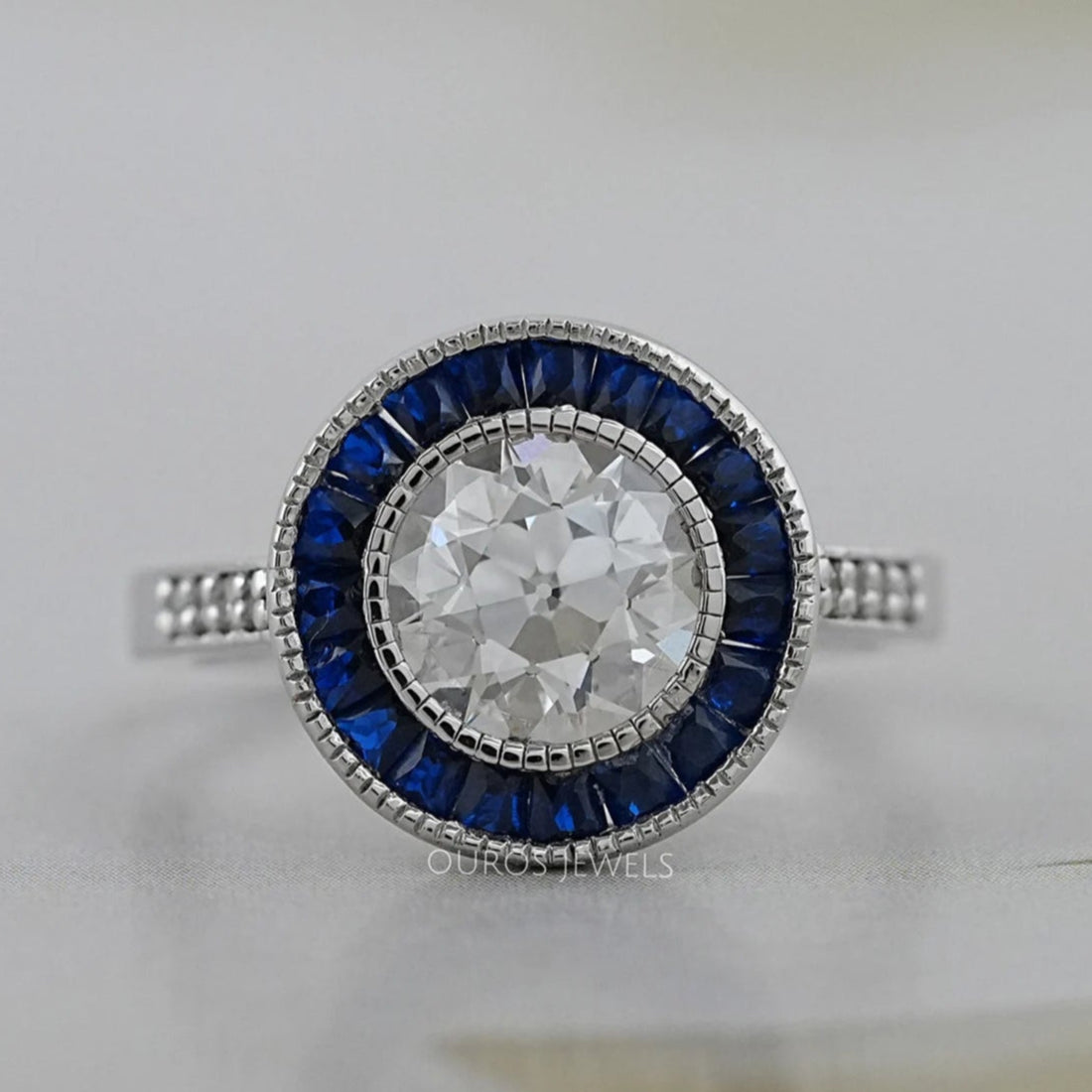 OEC Round Diamond Surround Sapphire Baguette Halo Ring Ring