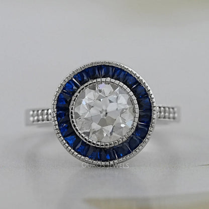 OEC Round Diamond Surround Sapphire Baguette Halo Ring Ring