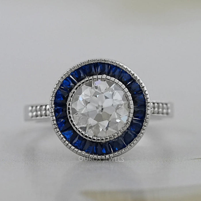 OEC Round Diamond Surround Sapphire Baguette Halo Ring Ring