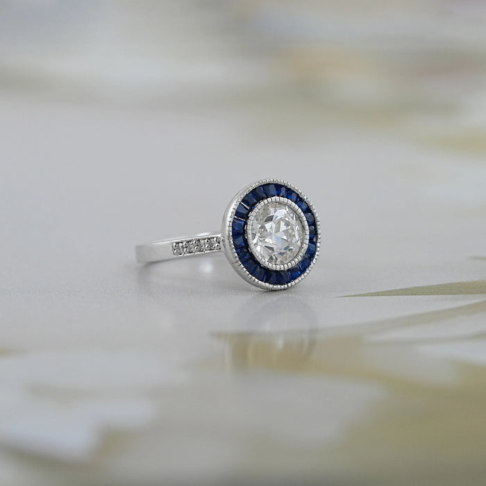 OEC Round Diamond Surround Sapphire Baguette Halo Ring Ring