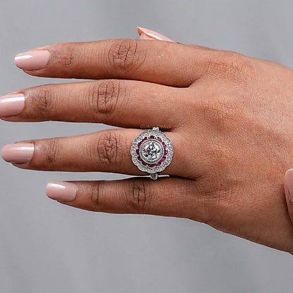 Old European Round Cut & Pink Halo Half Moon Gemstone Ring Rings