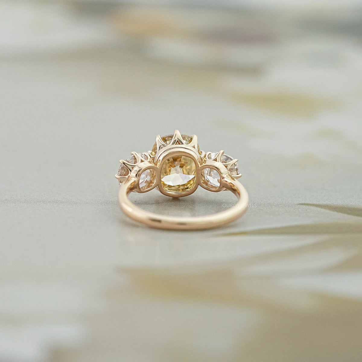 Fancy Yellow Old Mine Cushion Diamond Three Stone Ring Rings