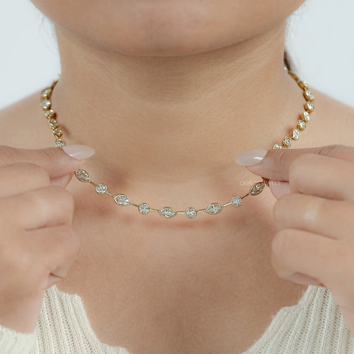 Bezel Set Old Mine Marquise Diamond Necklace Necklaces