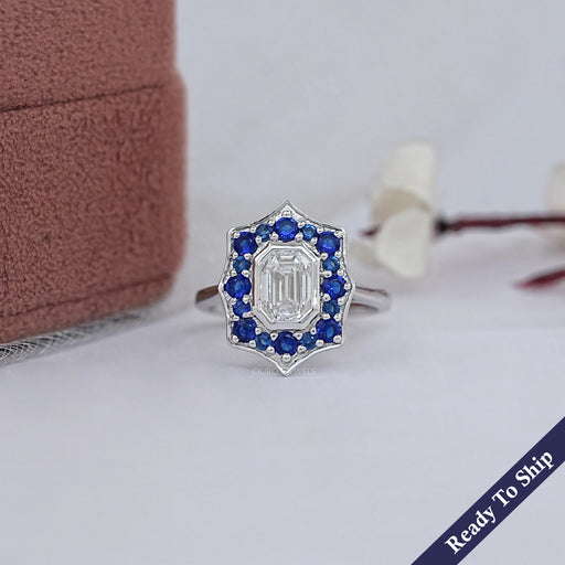 Bezel Set Old Mine Emerald Diamond Halo Gemstone Ring Rings