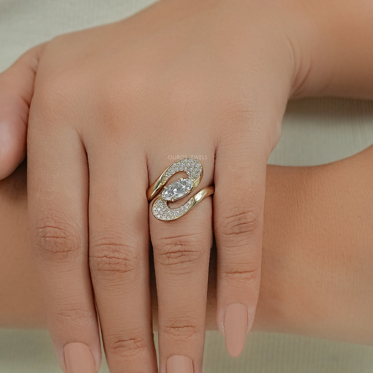 Old Mine Moval Diamond Bypass Accent Ring Ring