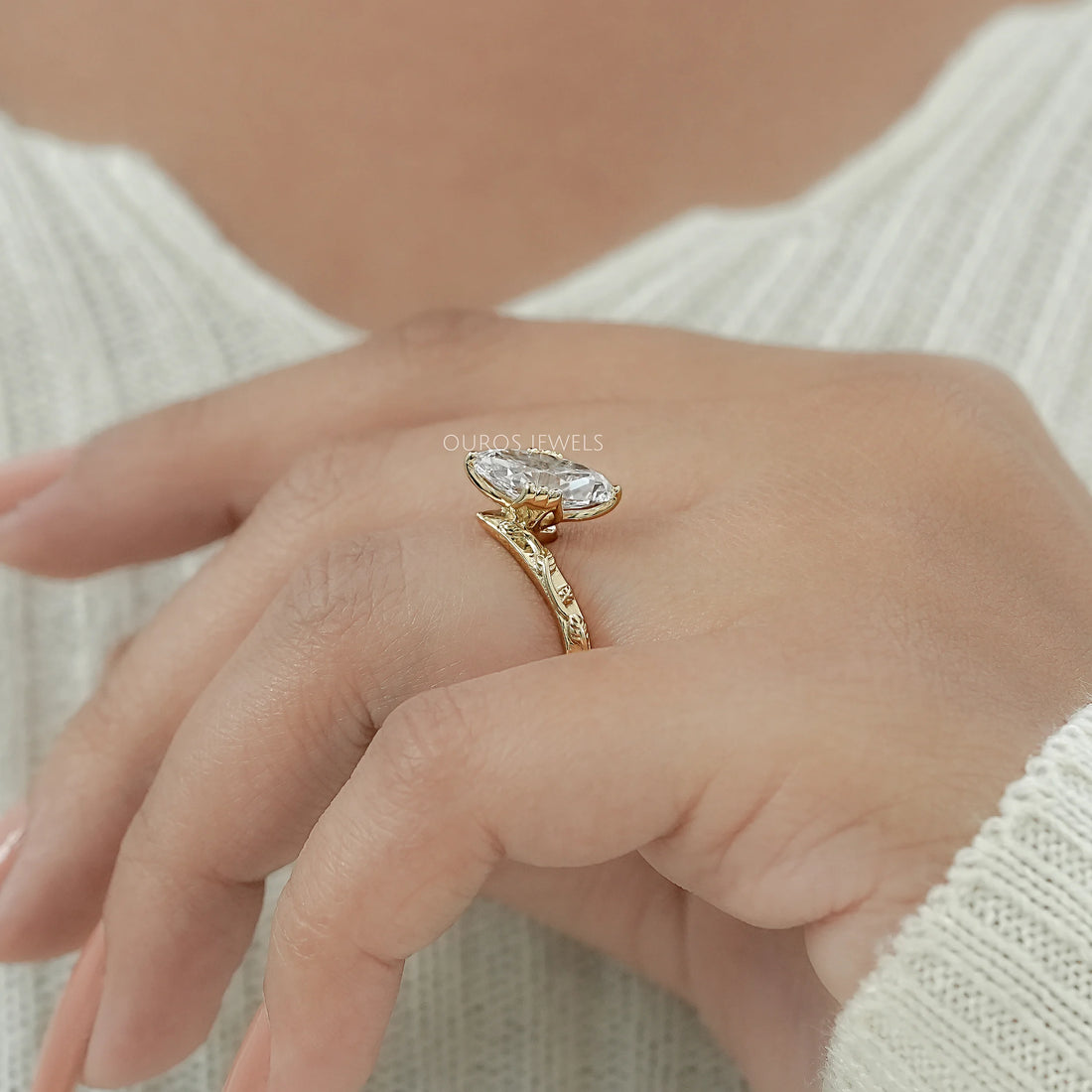 Old Mine Moval Cut Engraved Curved Engagement Ring Rings