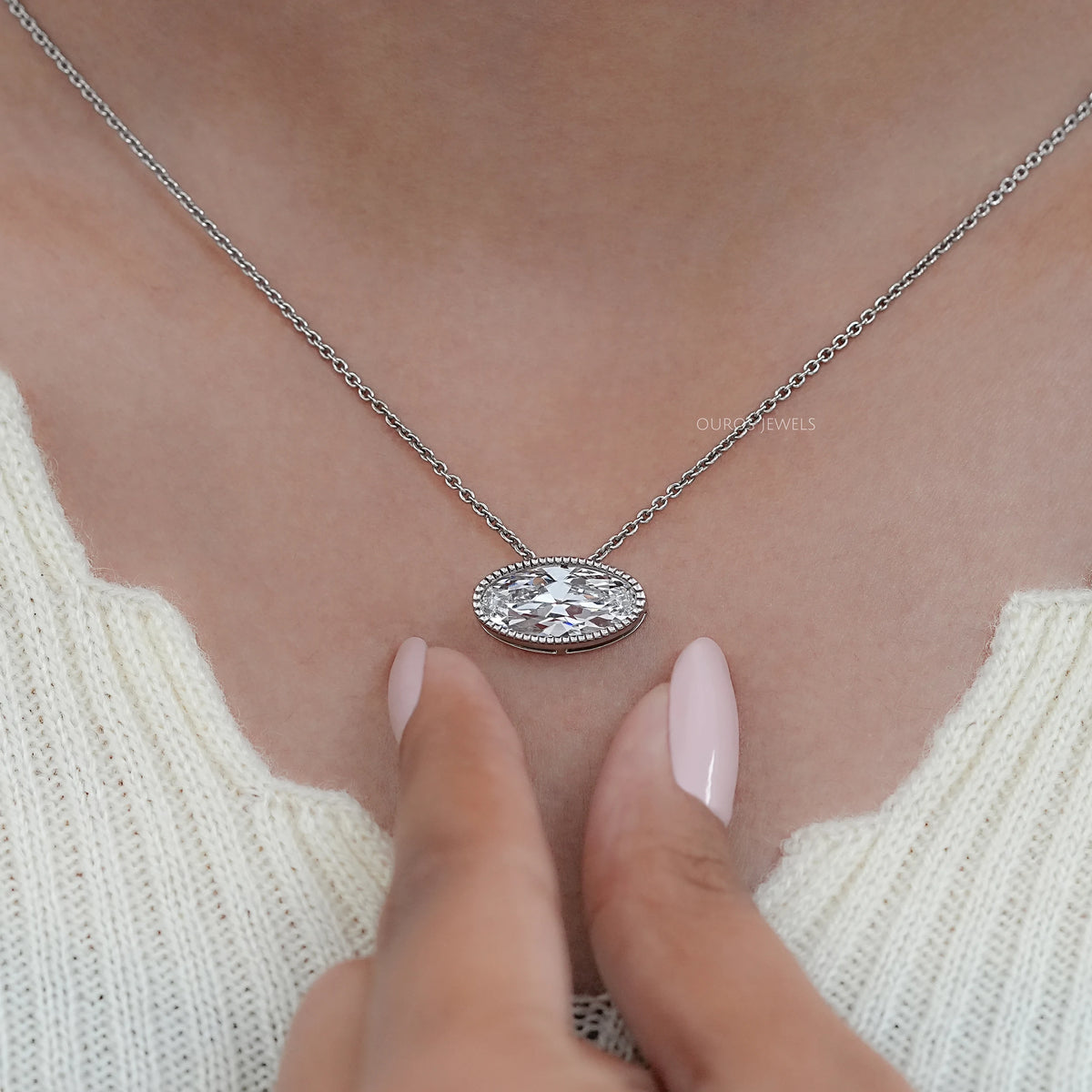 East West Old Mine Moval Lab Diamond Solitaire Pendant 18K Solid Gold - Milgrain Set 18.00 Inch Necklaces