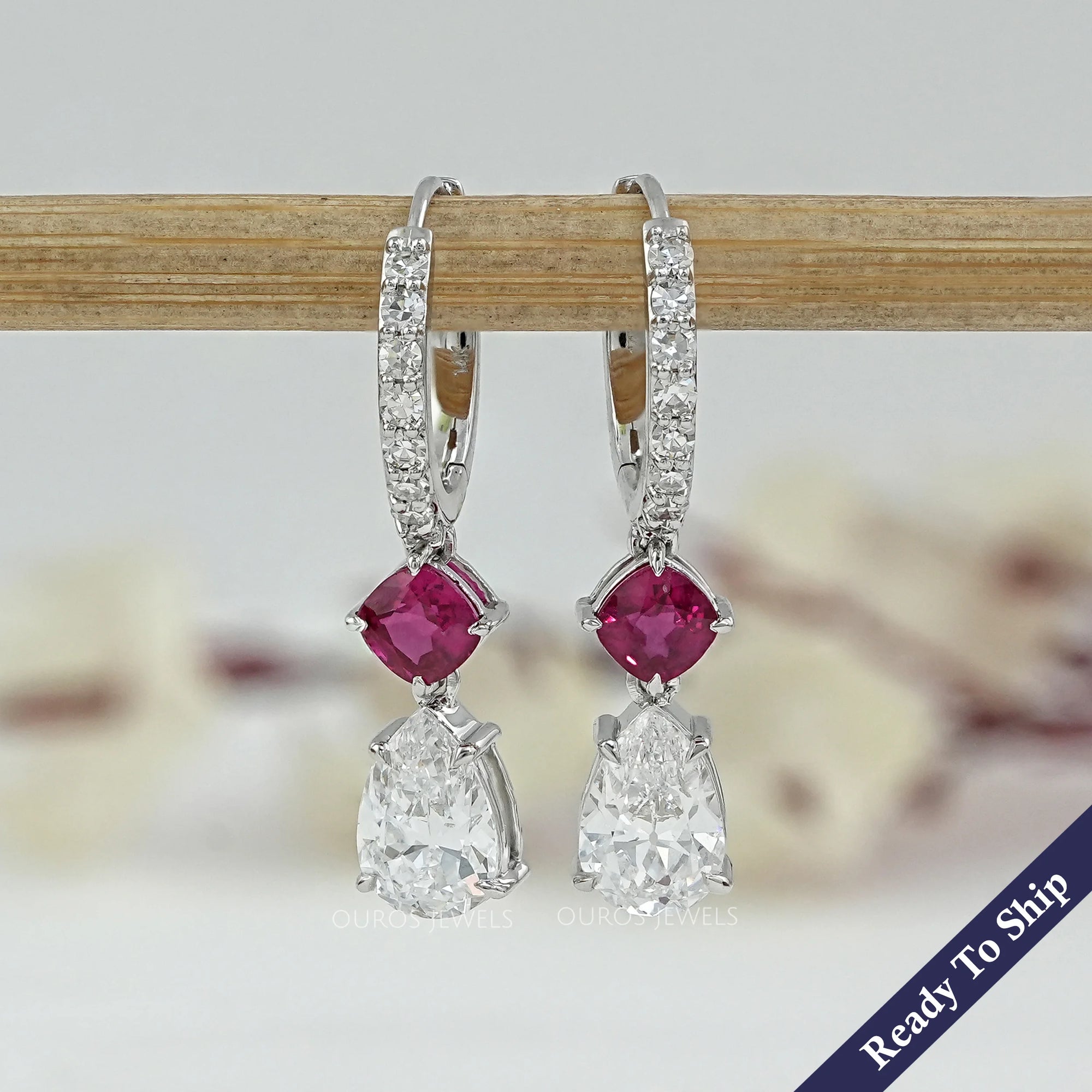 Old Mine Pear Diamond And Ruby Cushion Drop Hoop Earrings Earrings