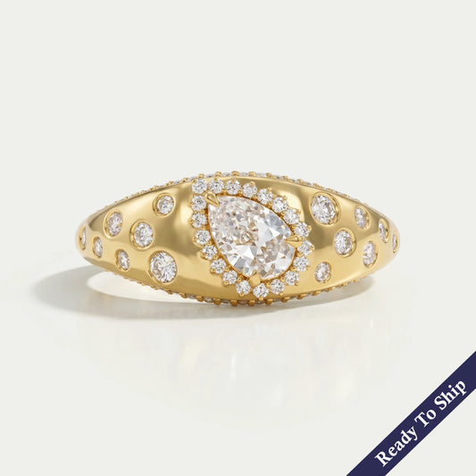 Old Mine Pear Diamond Halo Wide Flush Set Ring Ring