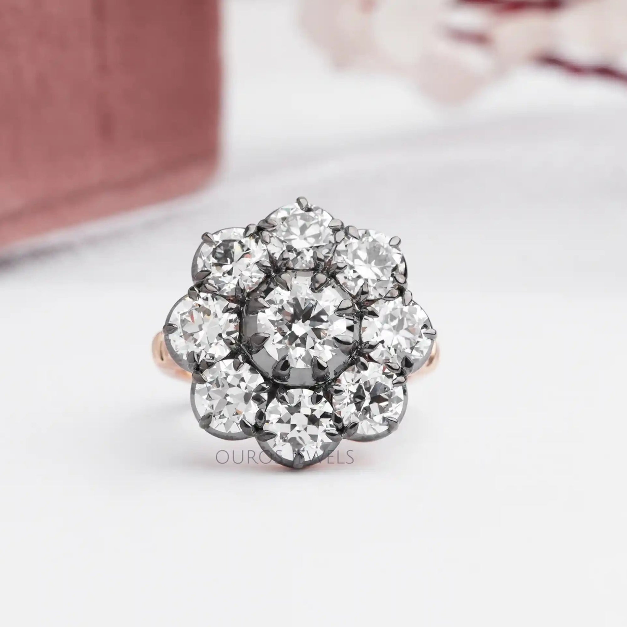 Old European Round Cut Black Coating Flower Engagement Ring Ring