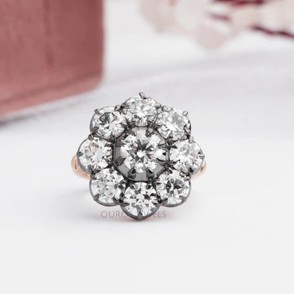 Old European Round Cut Black Coating Flower Engagement Ring Ring