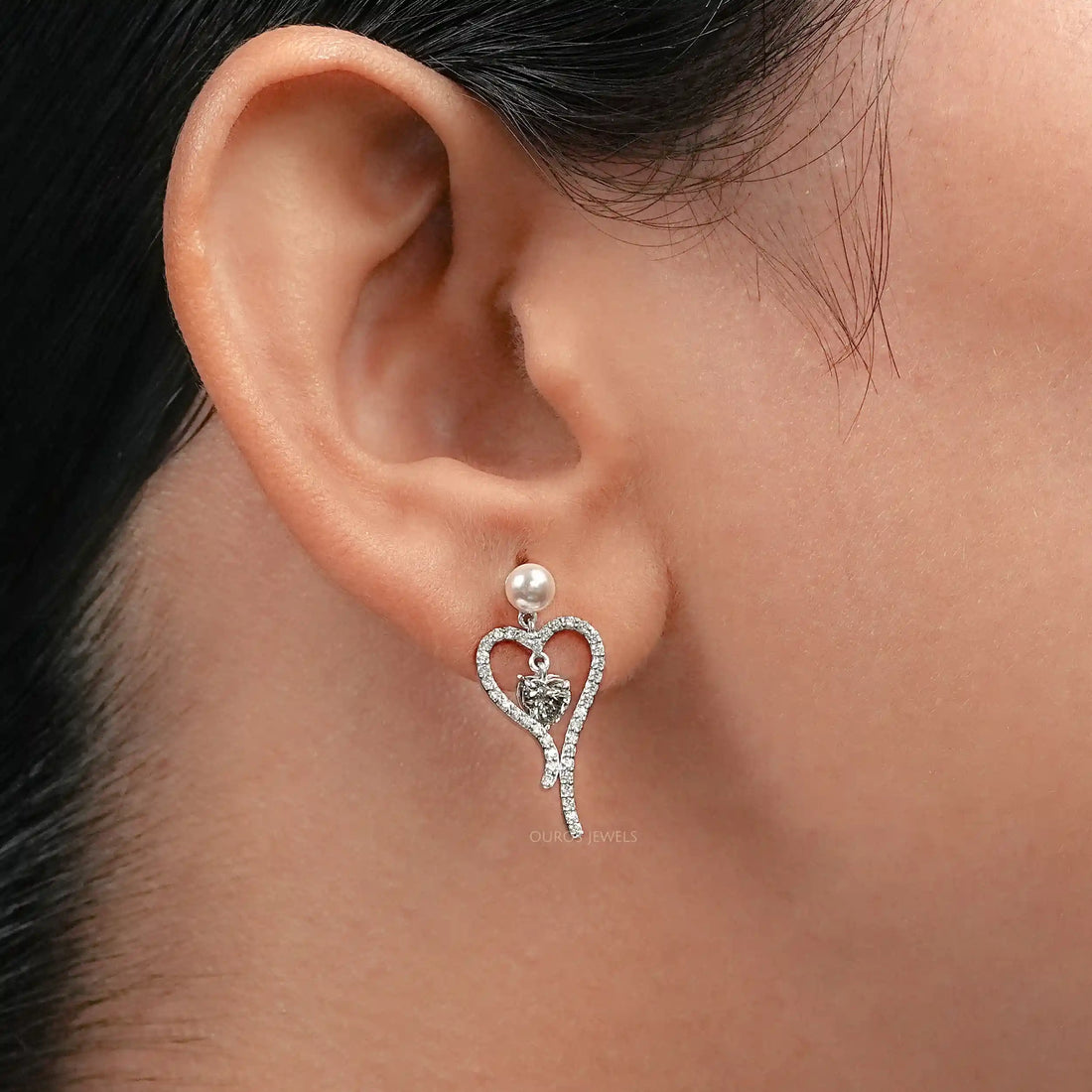 Olive Heart Diamond Pearl Drop Earrings