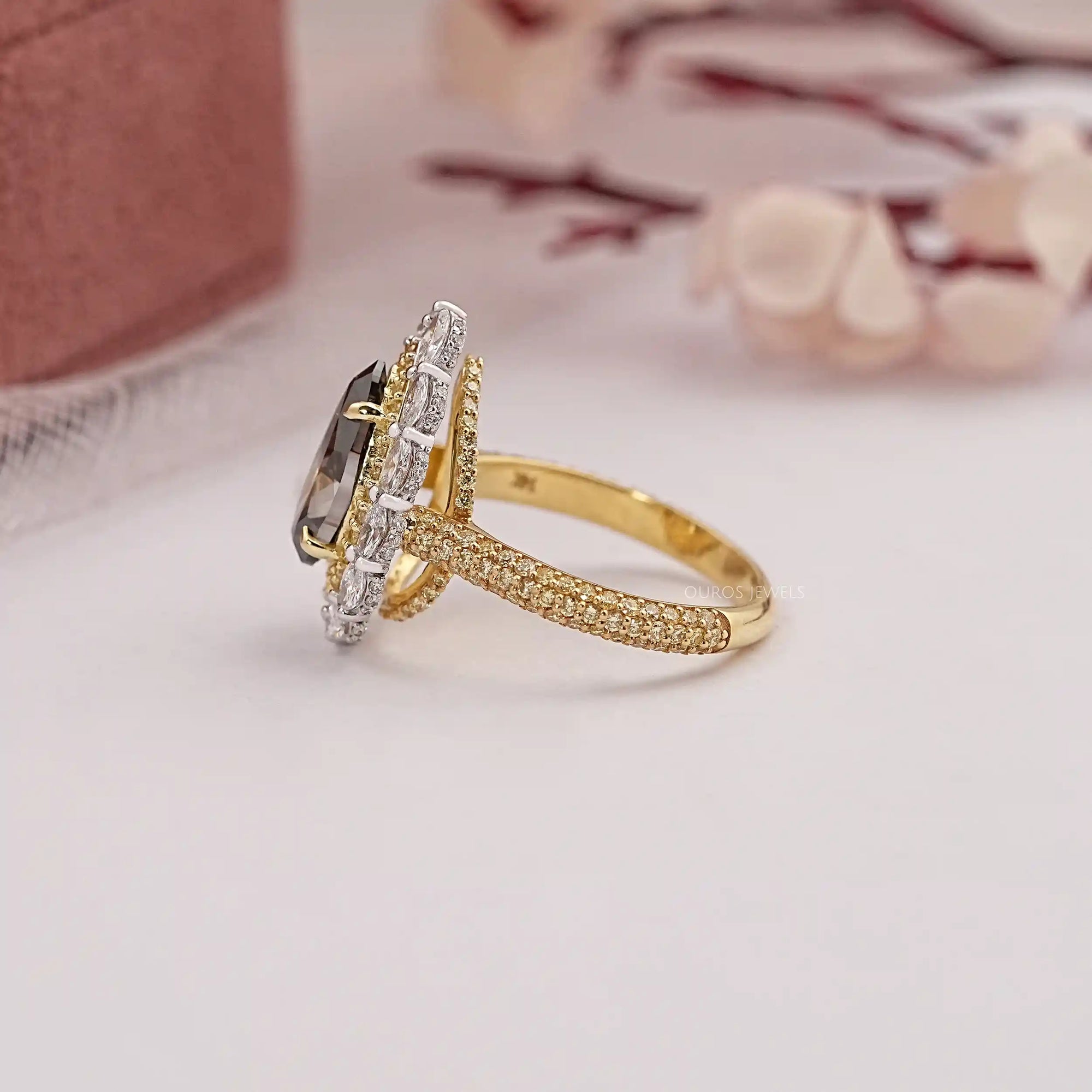Champagne Pear Cut Double Halo With Engagement Ring Rings