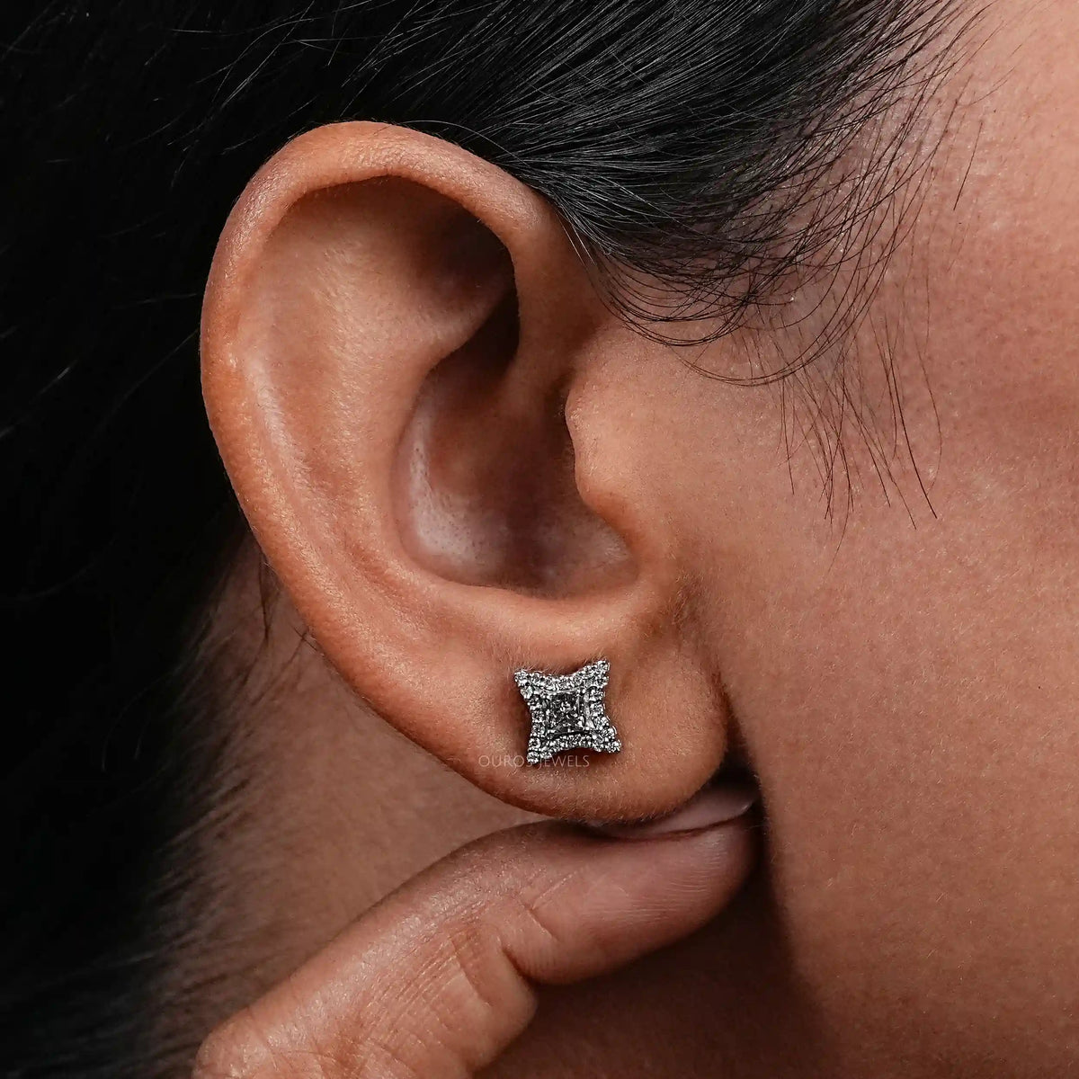 Olive Color Diamond Halo Princess Stud Earring Earrings
