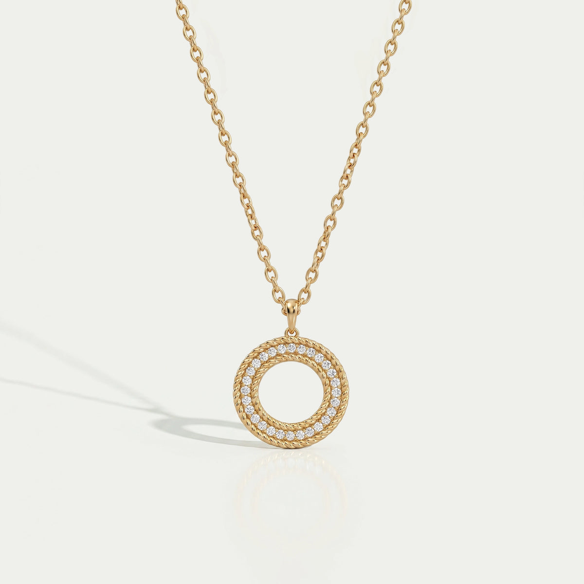 Lab Diamond Open Circle Double Beaded Border Pendant Necklaces