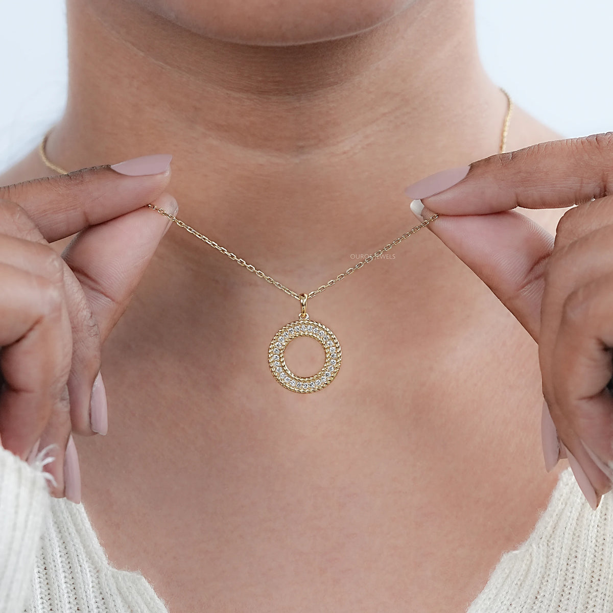 Lab Diamond Open Circle Double Beaded Border Pendant Necklaces