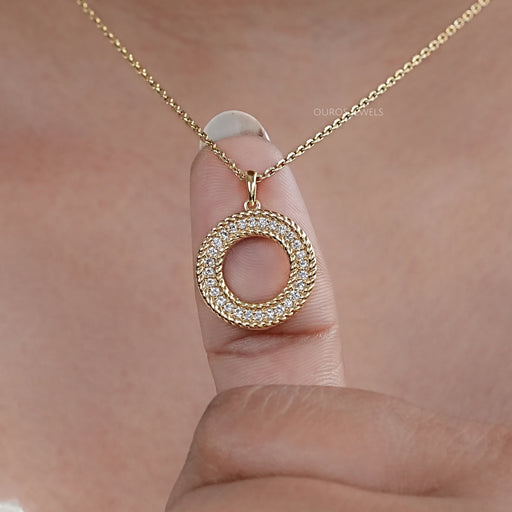 Lab Diamond Open Circle Double Beaded Border Pendant Necklaces