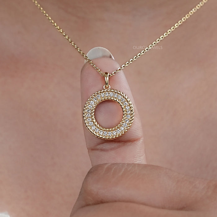 Lab Diamond Open Circle Double Beaded Border Pendant Necklaces