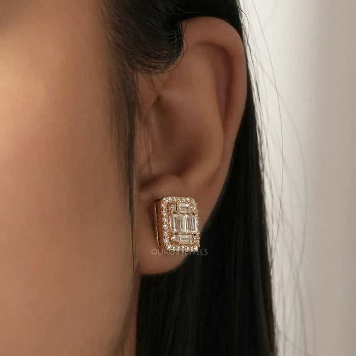 Baguette And Round Cut Lab Diamond Halo Stud Earrings Earrings