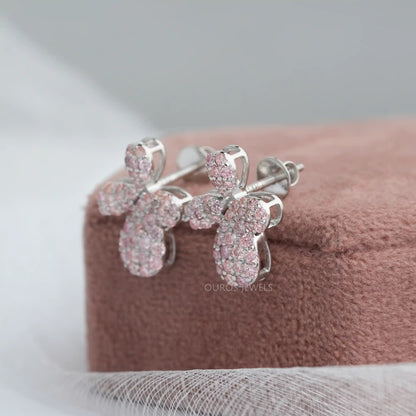 Floral Shape Pink Round Cut Push Back Stud Earrings