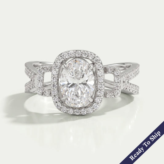 Oval Cut Halo Split Shank Engagement Ring
